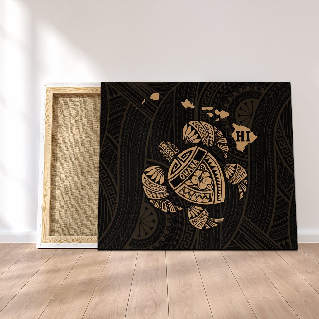 Hawaiian Map Turtle Ohana Hibicus Polynesian Canvas - Gold - AH Canvas Poly-cotton - Polynesian Pride