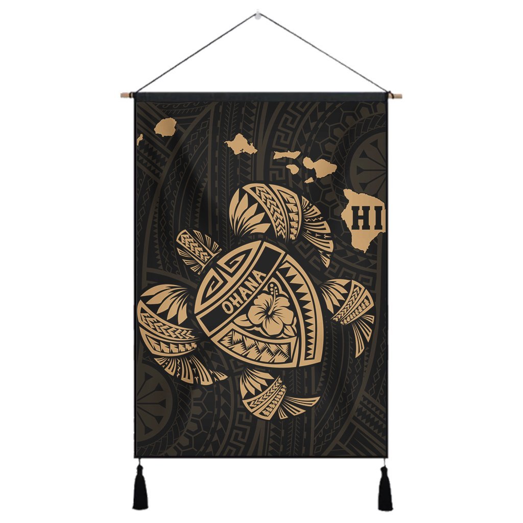 Hawaiian Map Turtle Ohana Hibicus Polynesian Hanging Poster - Gold - AH Hanging Poster Cotton And Linen - Polynesian Pride
