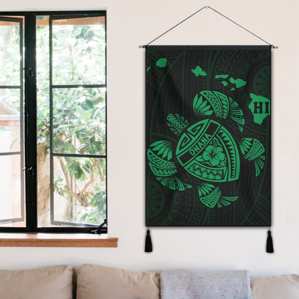 Hawaiian Map Turtle Ohana Hibicus Polynesian Hanging Poster - Green - AH - Polynesian Pride