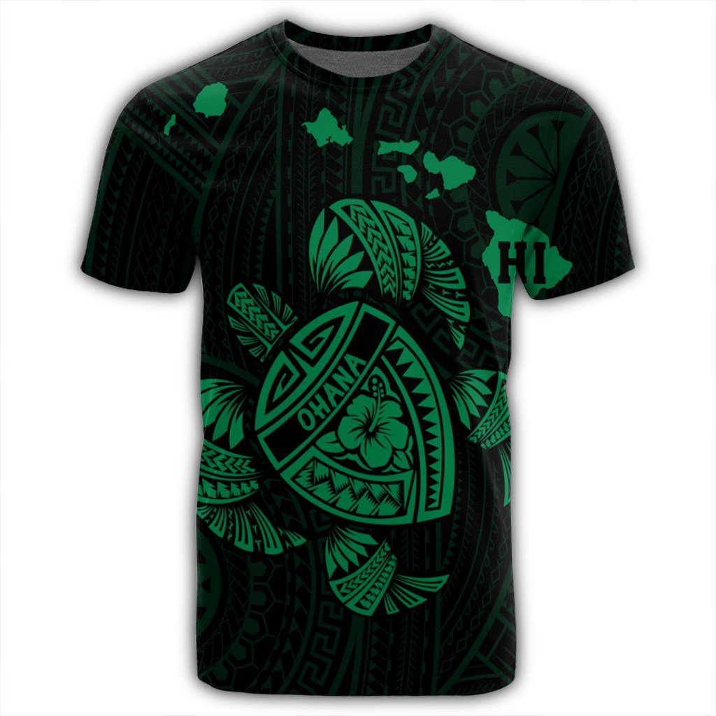 Hawaiian Map Turtle Ohana Hibicus Polynesian T Shirt Green AH - Polynesian Pride