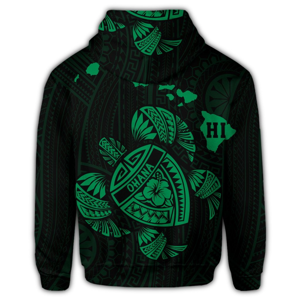 Hawaiian Map Turtle Ohana Hibicus Polynesian Zip Hoodie Green - Polynesian Pride
