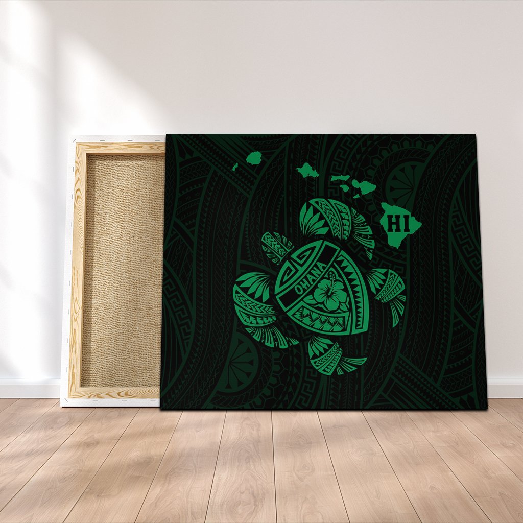 Hawaiian Map Turtle Ohana Hibicus Polynesian Canvas - Green - AH Canvas Poly-cotton - Polynesian Pride