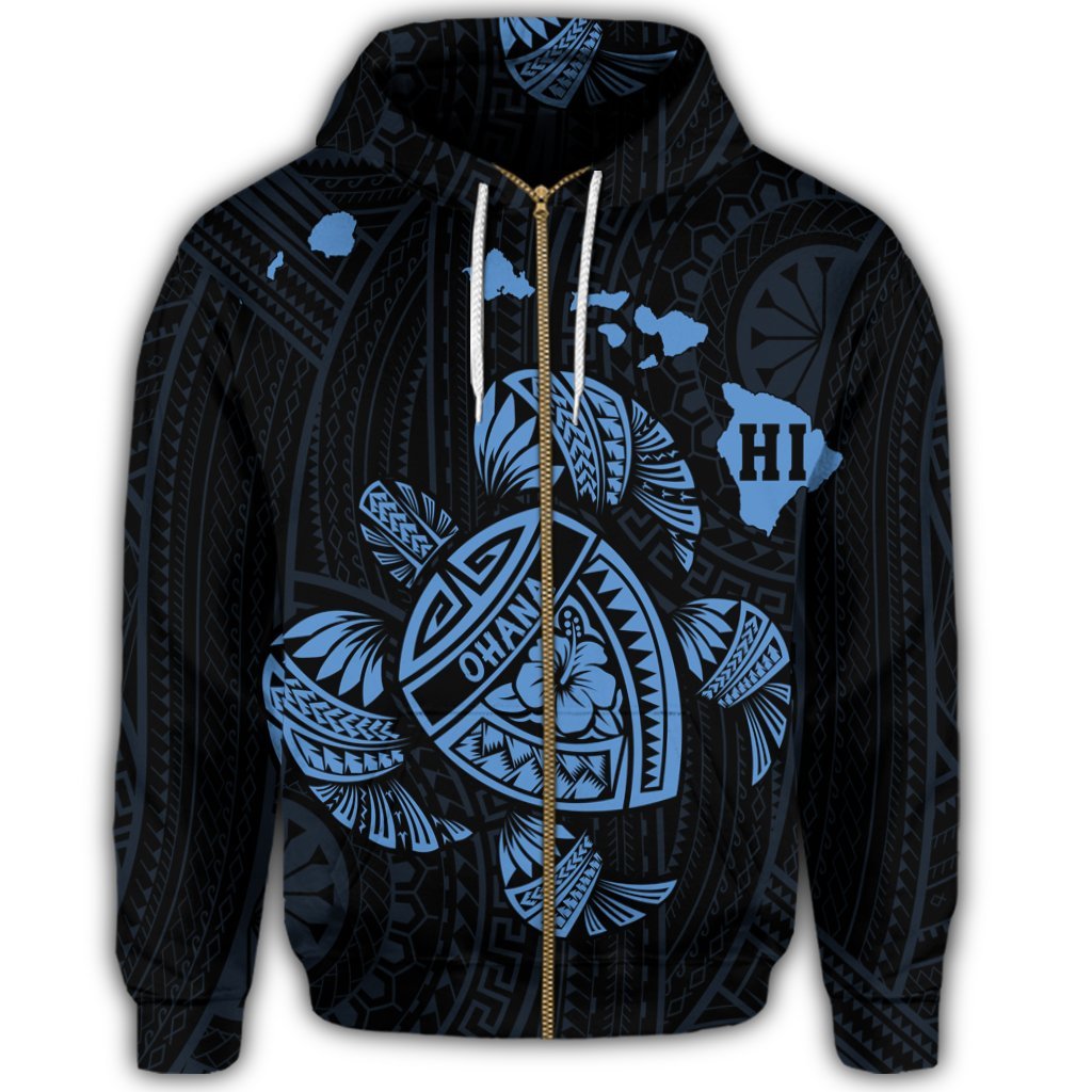 Hawaiian Map Turtle Ohana Hibicus Polynesian Zip Hoodie Pastel Blue - Polynesian Pride