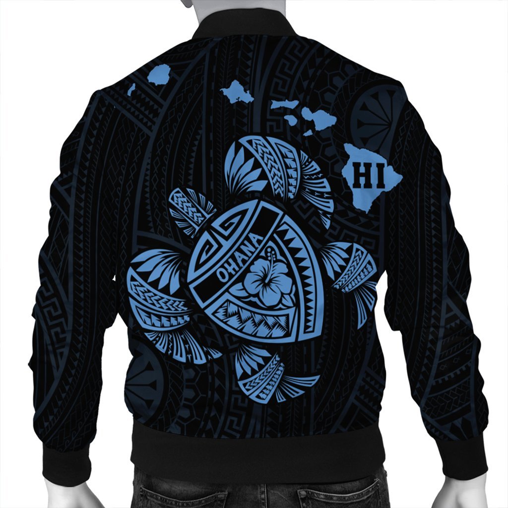 Hawaiian Map Turtle Ohana Hibicus Polynesian Bomber Jacket - Pastel Blue - AH - Polynesian Pride