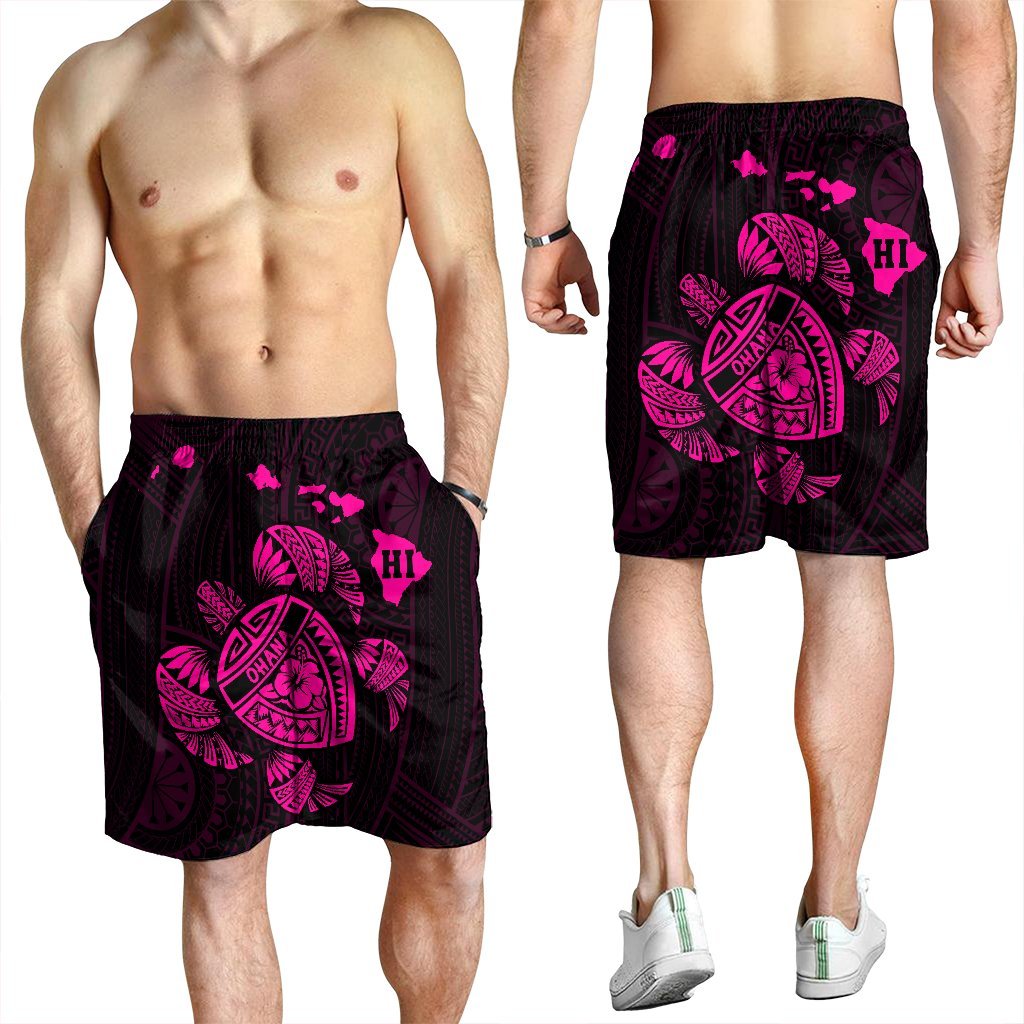 Hawaiian Map Turtle Ohana Hibicus Polynesian Men's Shorts - Pink - AH - Polynesian Pride