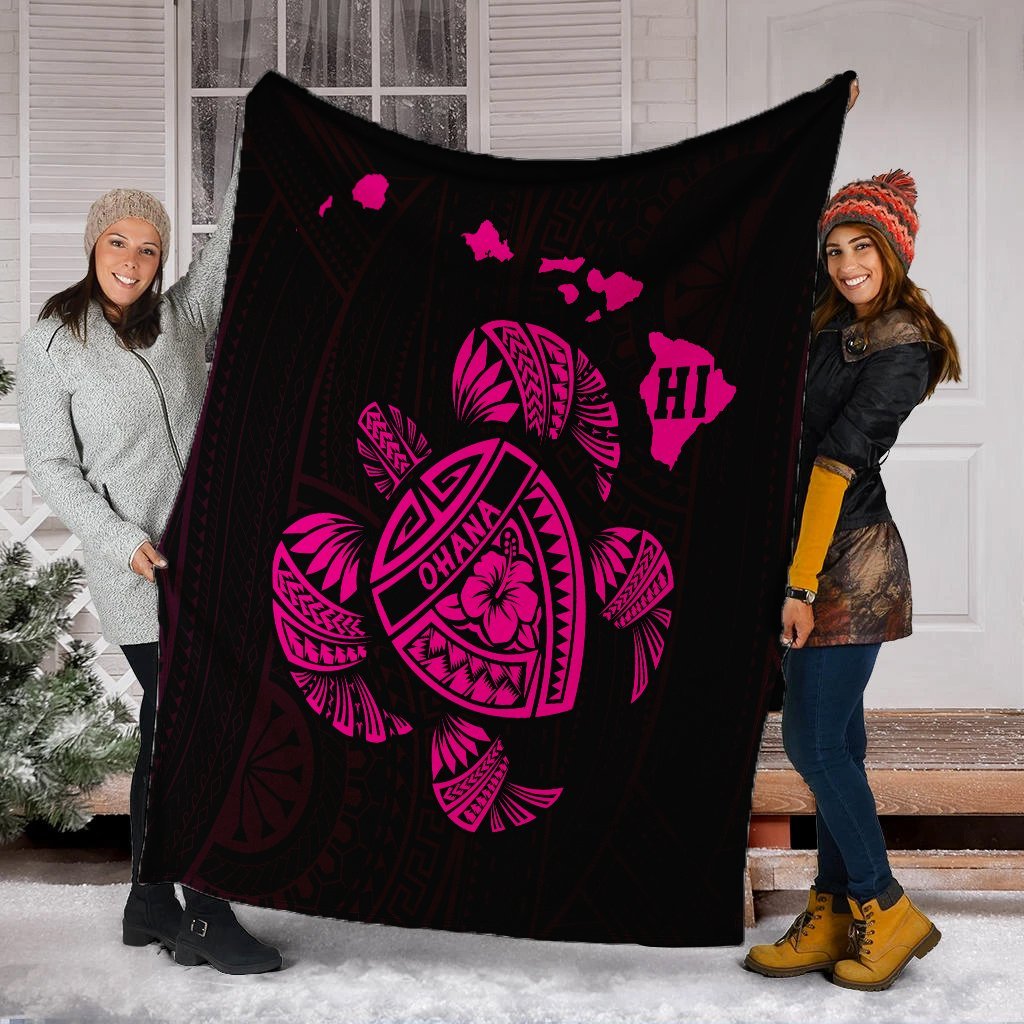 Hawaiian Map Turtle Ohana Hibicus Polynesian Premium Blankets - Pink - AH - Polynesian Pride