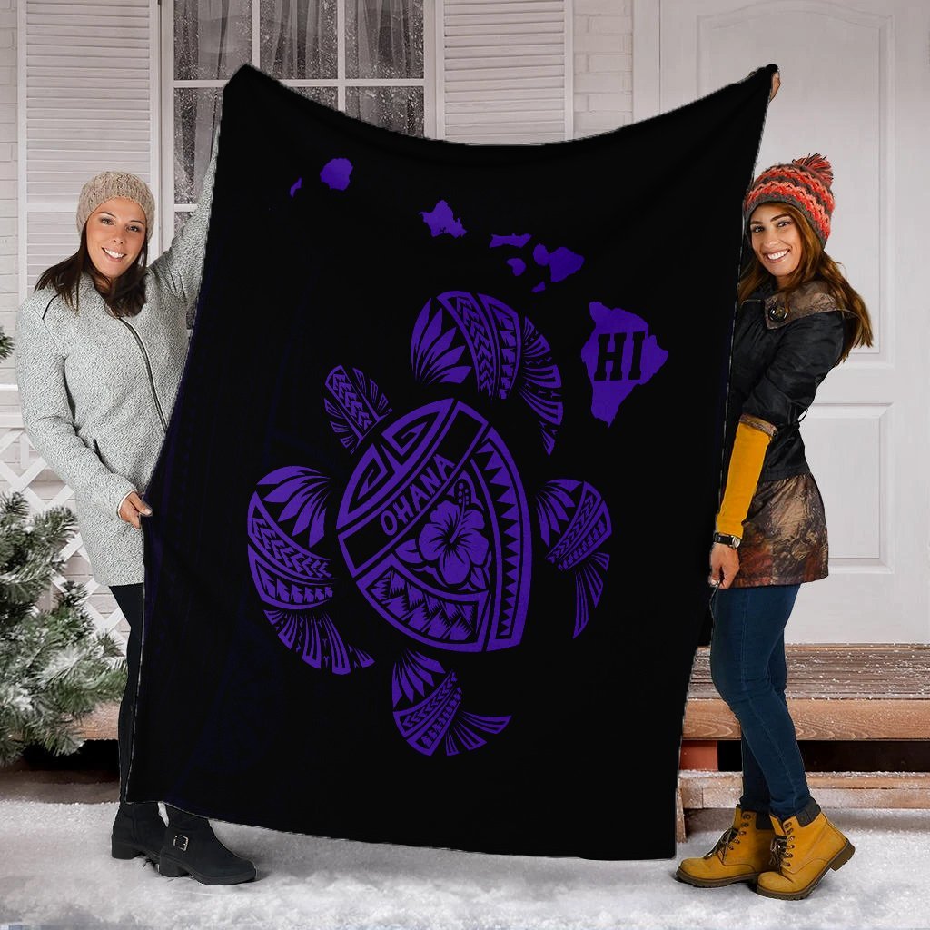 Hawaiian Map Turtle Ohana Hibicus Polynesian Premium Blankets - Purple - AH - Polynesian Pride