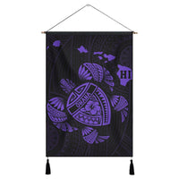 Hawaiian Map Turtle Ohana Hibicus Polynesian Hanging Poster - Purple - AH Hanging Poster Cotton And Linen - Polynesian Pride