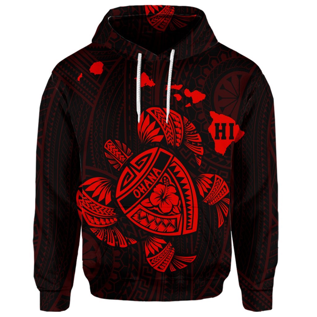 Custom Hawaiian Map Turtle Ohana Hibicus Polynesian Hoodie Red - Polynesian Pride