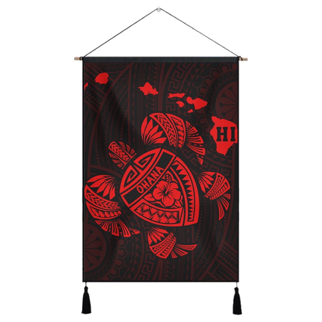 Hawaiian Map Turtle Ohana Hibicus Polynesian Hanging Poster - Red - AH Hanging Poster Cotton And Linen - Polynesian Pride