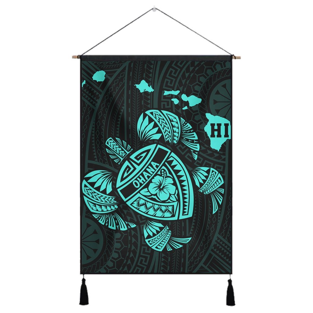 Hawaiian Map Turtle Ohana Hibicus Polynesian Hanging Poster - Turquoise - AH Hanging Poster Cotton And Linen - Polynesian Pride
