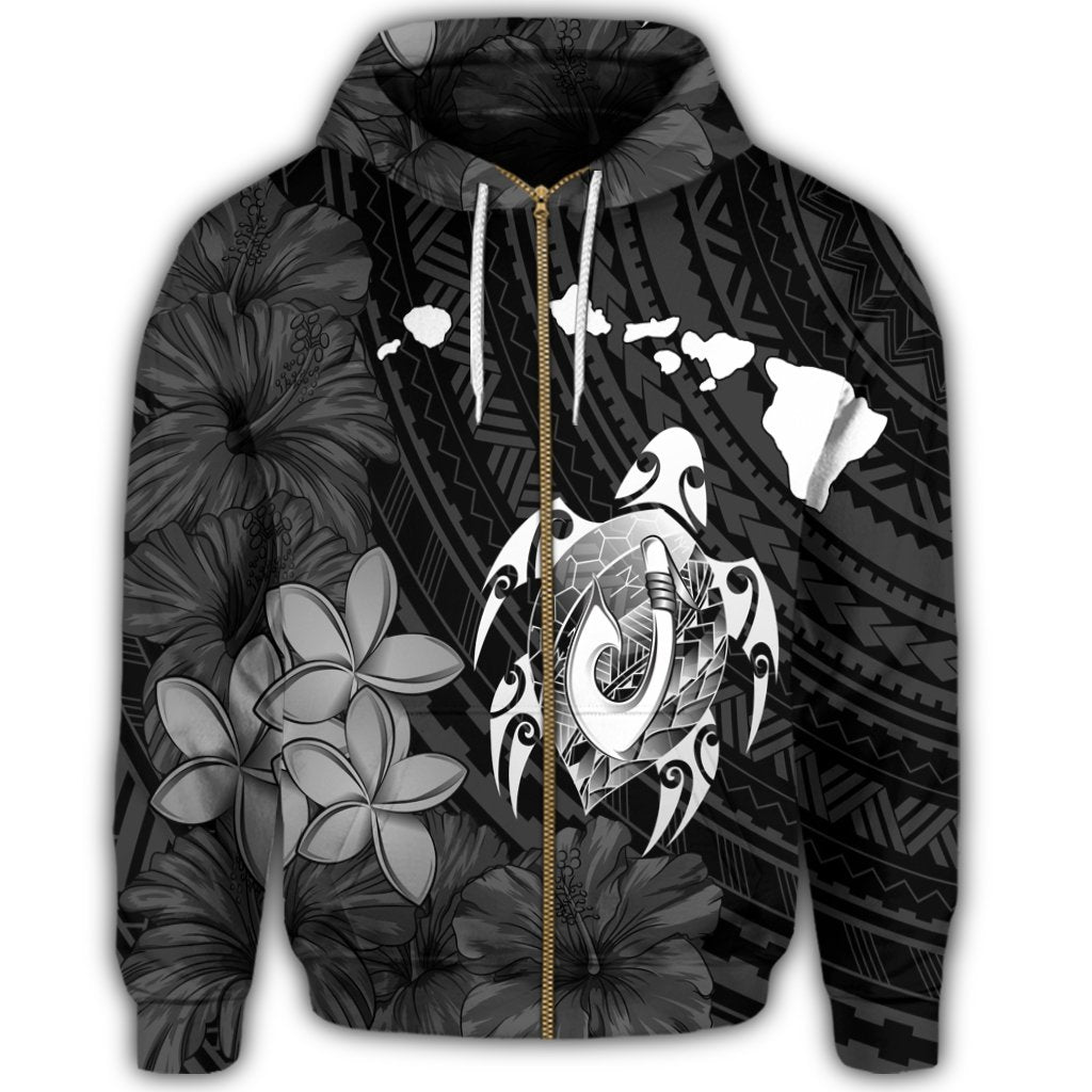 Hawaiian Map Turtle Plumeria Hibiscus Fish Hook Polynesian Zip Hoodie - Polynesian Pride
