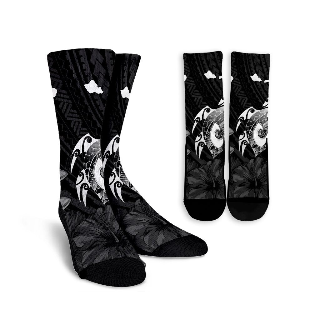 Hawaiian Map Turtle Plumeria Hibiscus Fish Hook Polynesian Crew Socks - AH Crew Socks White - Polynesian Pride