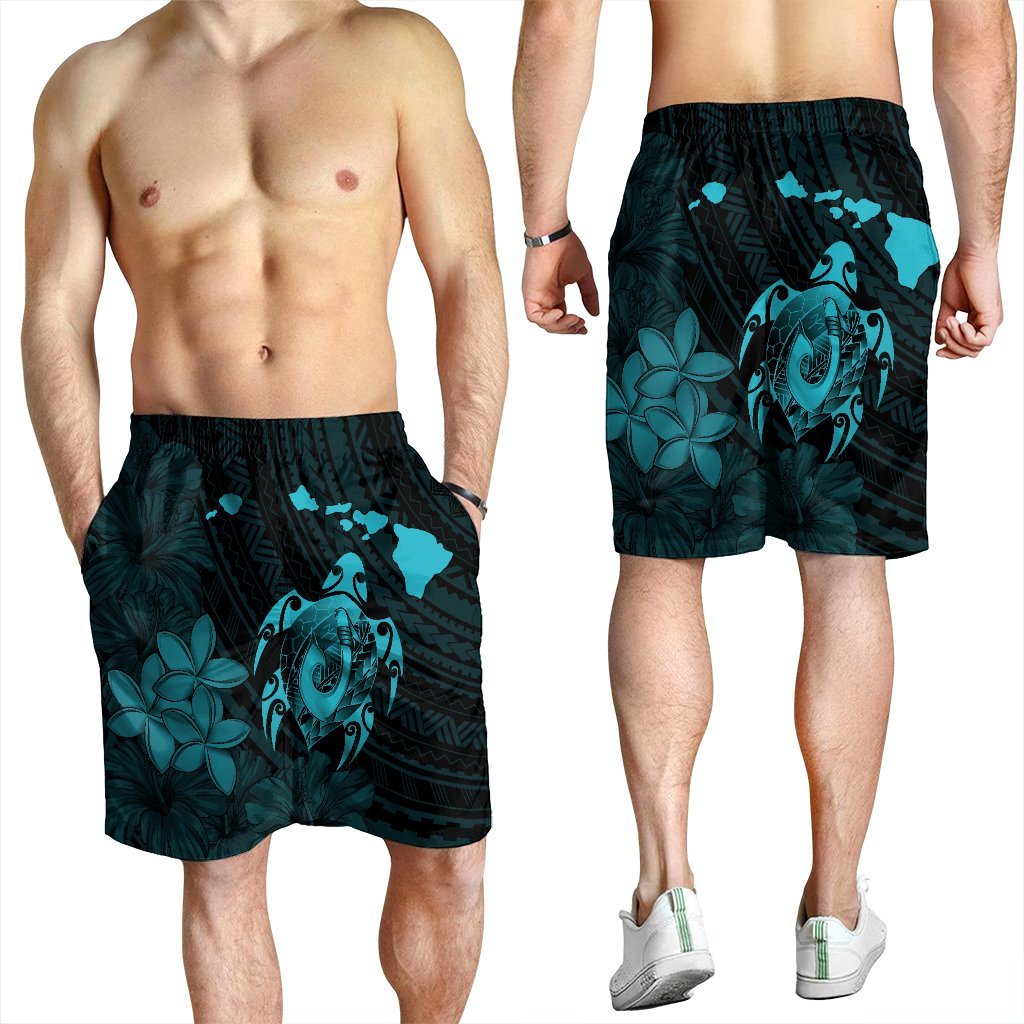Hawaiian Map Turtle Plumeria Hibiscus Fish Hook Polynesian Men's Shorts Blue - AH - Polynesian Pride