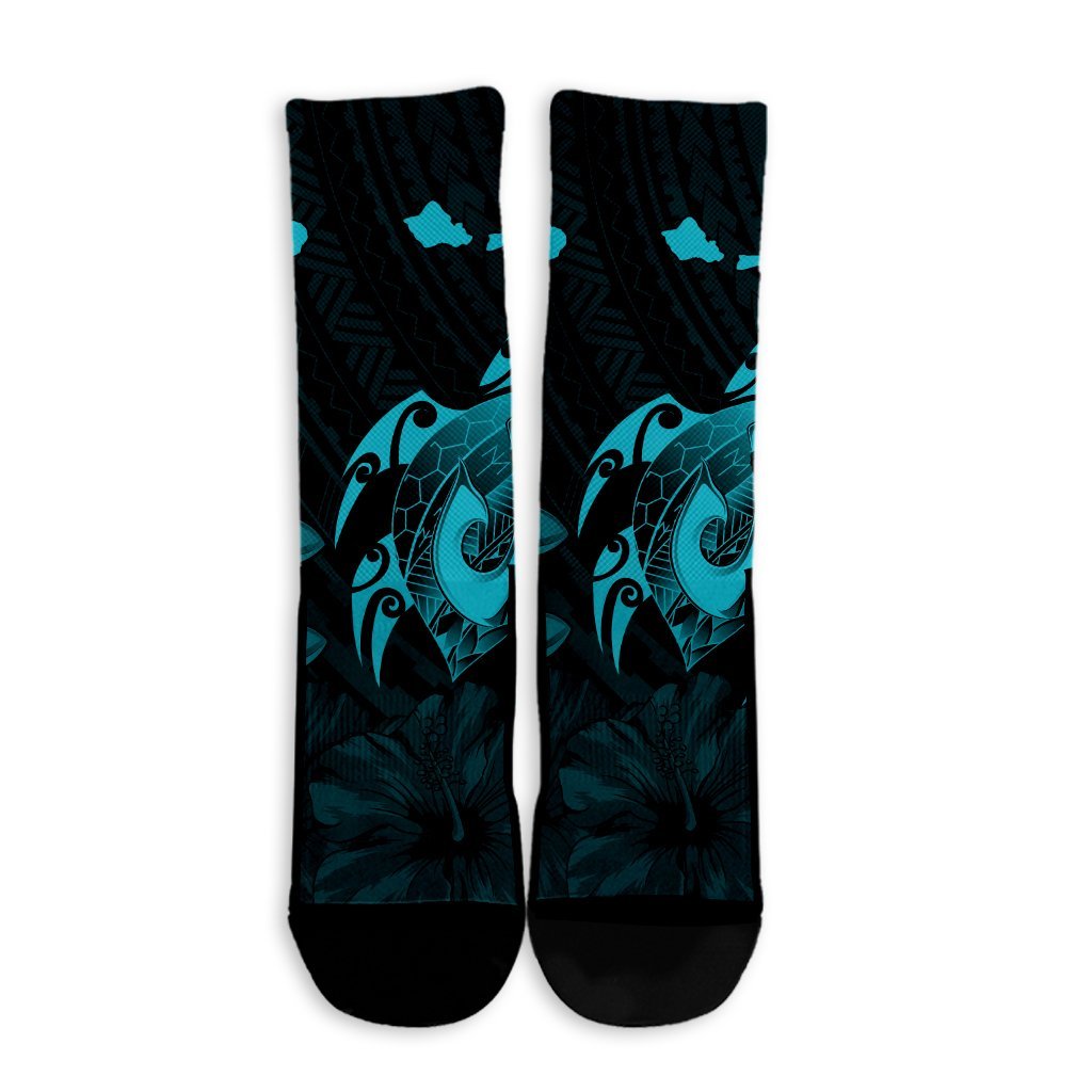 Hawaiian Map Turtle Plumeria Hibiscus Fish Hook Polynesian Crew Socks Blue - AH - Polynesian Pride