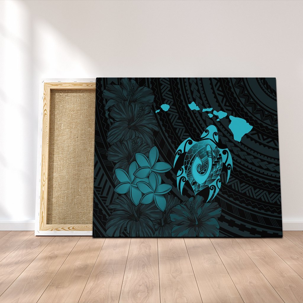 Hawaiian Map Turtle Plumeria Hibiscus Fish Hook Polynesian Canvas Blue - AH Canvas Poly-cotton - Polynesian Pride