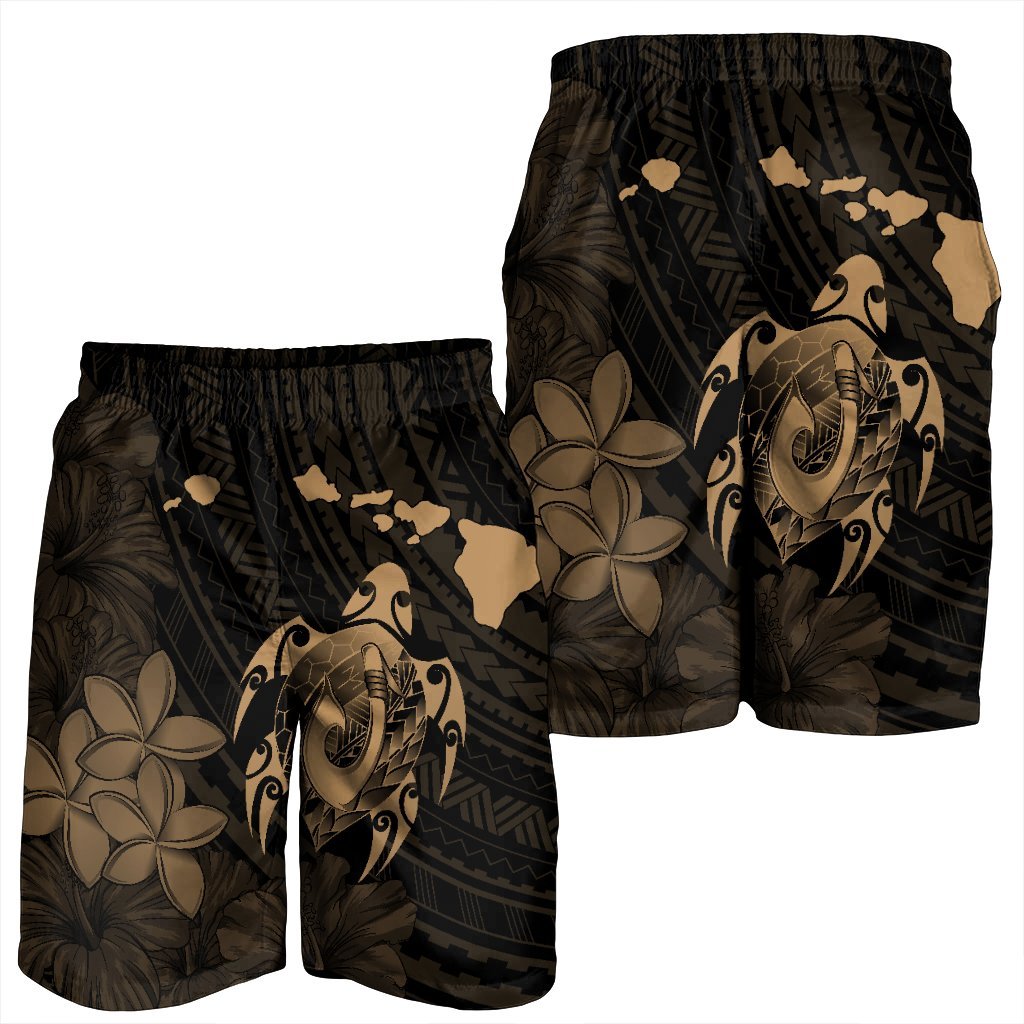 Hawaiian Map Turtle Plumeria Hibiscus Fish Hook Polynesian Men's Shorts Gold - AH - Polynesian Pride