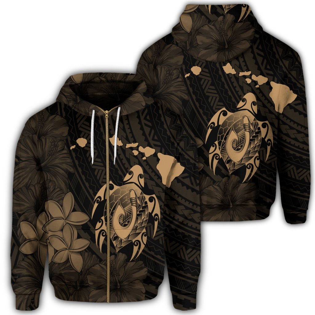 Hawaiian Map Turtle Plumeria Hibiscus Fish Hook Polynesian Zip Hoodie Gold Unisex Art - Polynesian Pride