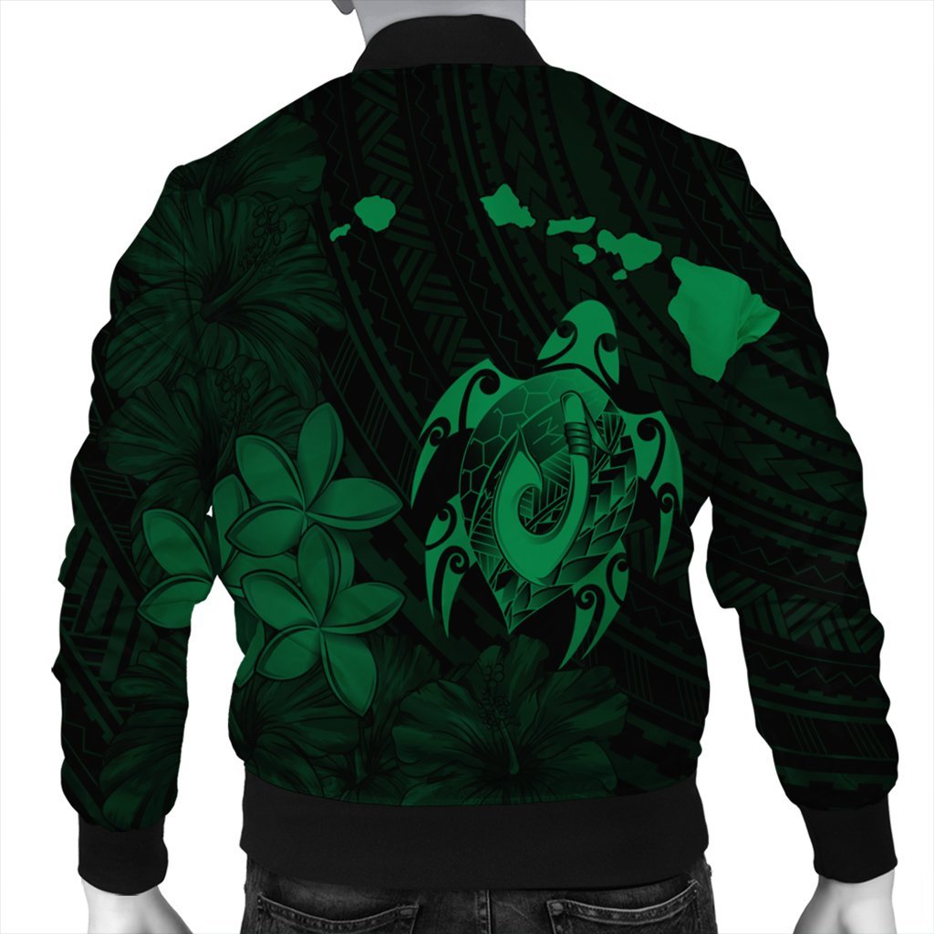Hawaiian Map Turtle Plumeria Hibiscus Fish Hook Polynesian Bomber Jacket Green - AH - Polynesian Pride
