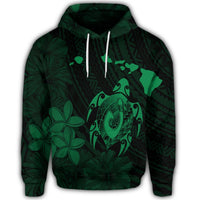 Hawaiian Map Turtle Plumeria Hibiscus Fish Hook Polynesian Hoodie Green - Polynesian Pride