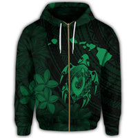 Hawaiian Map Turtle Plumeria Hibiscus Fish Hook Polynesian Zip Hoodie Green - Polynesian Pride