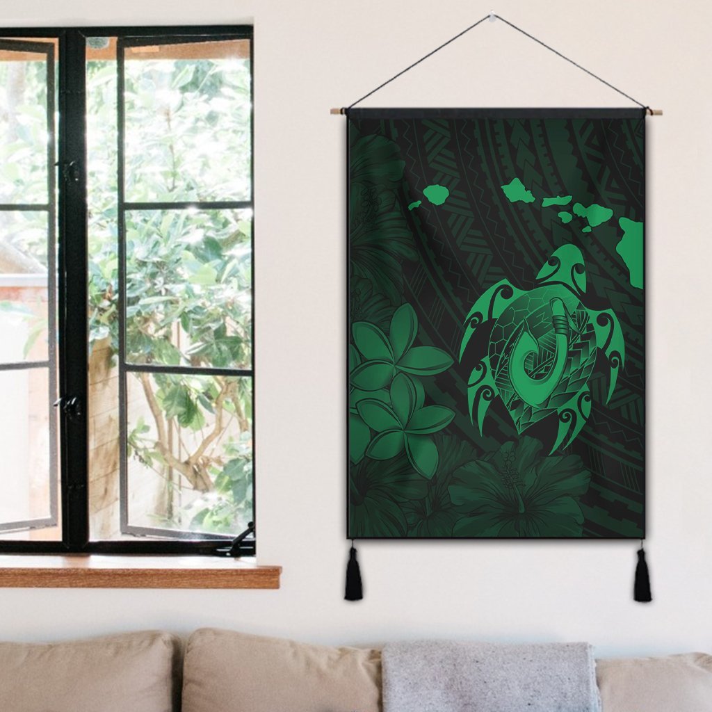Hawaiian Map Turtle Plumeria Hibiscus Fish Hook Polynesian Hanging Poster Green - AH - Polynesian Pride