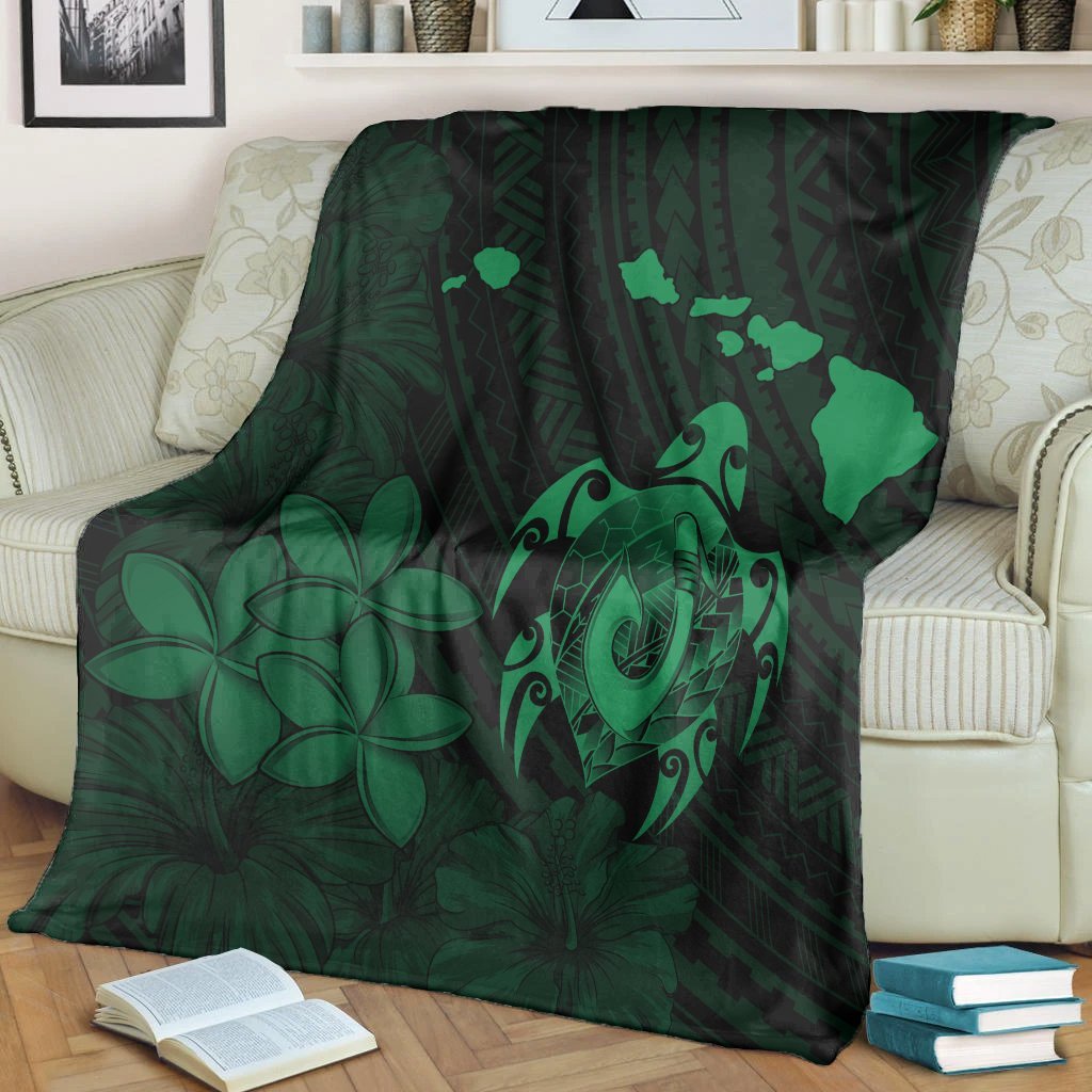 Hawaiian Map Turtle Plumeria Hibiscus Fish Hook Polynesian Premium Blankets Green - AH - Polynesian Pride