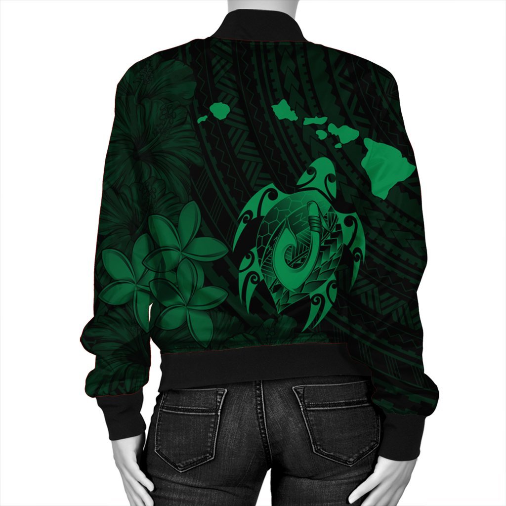 Hawaiian Map Turtle Plumeria Hibiscus Fish Hook Polynesian Bomber Jacket Green - AH - Polynesian Pride
