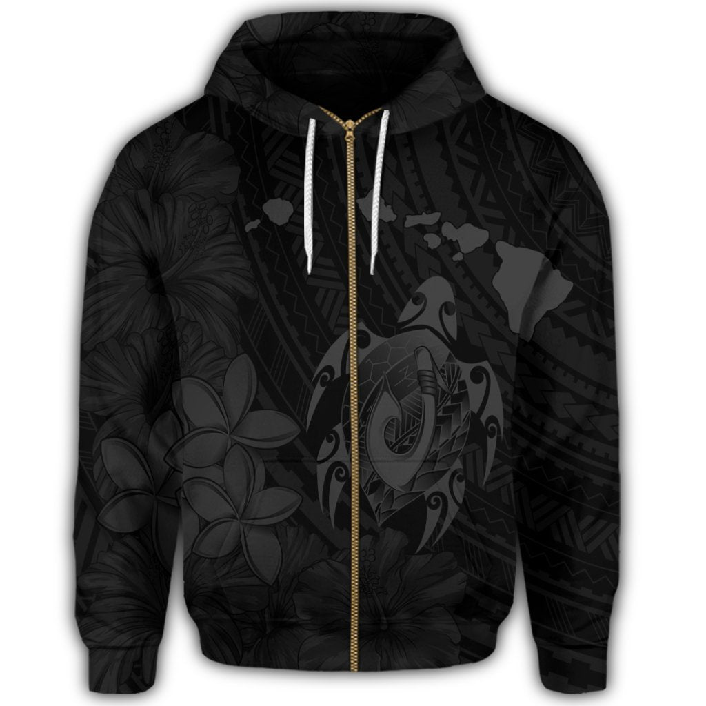 Hawaiian Map Turtle Plumeria Hibiscus Fish Hook Polynesian Zip Hoodie Grey - Polynesian Pride