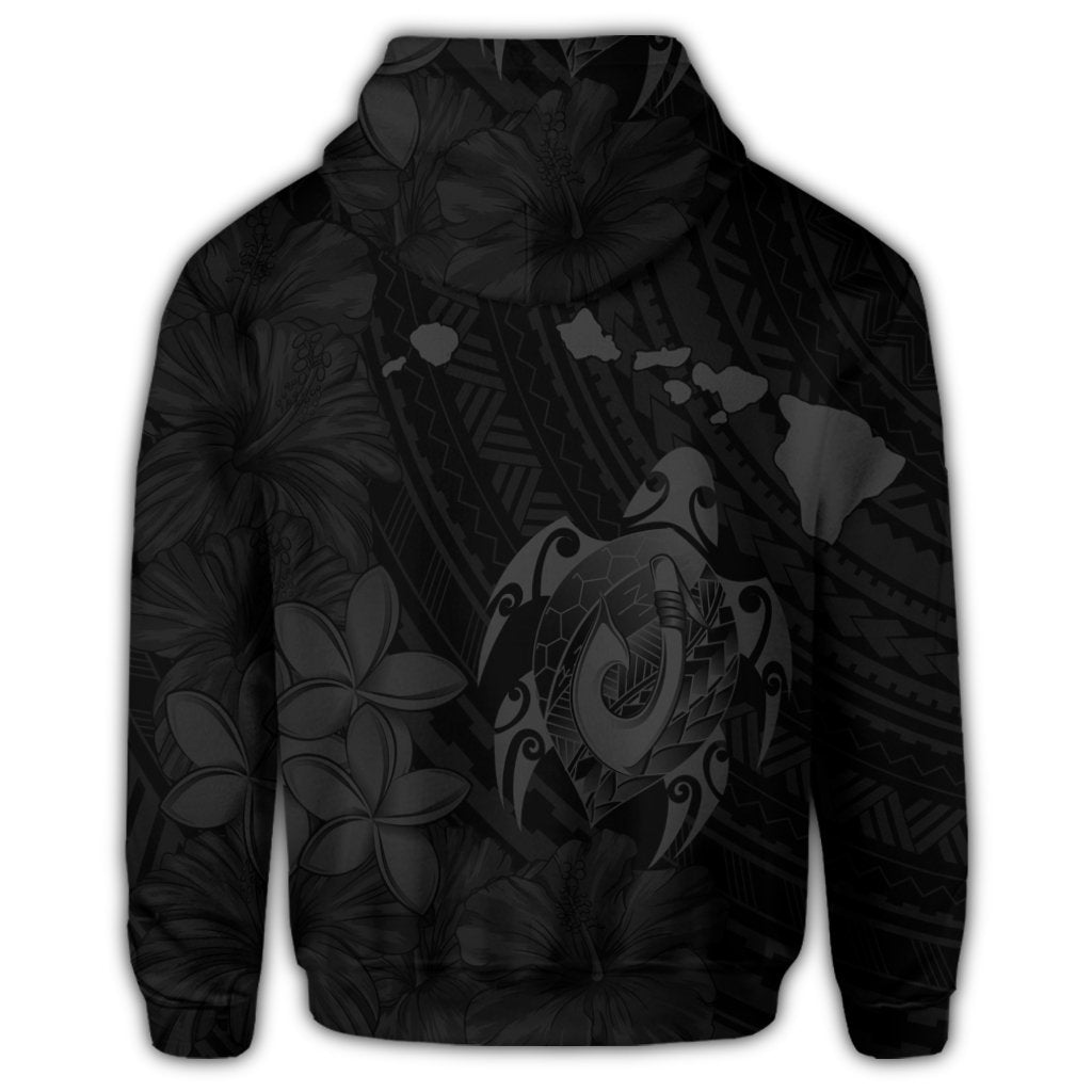 Hawaiian Map Turtle Plumeria Hibiscus Fish Hook Polynesian Zip Hoodie Grey - Polynesian Pride