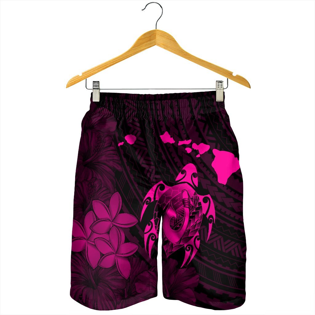 Hawaiian Map Turtle Plumeria Hibiscus Fish Hook Polynesian Men's Shorts Pink - AH - Polynesian Pride