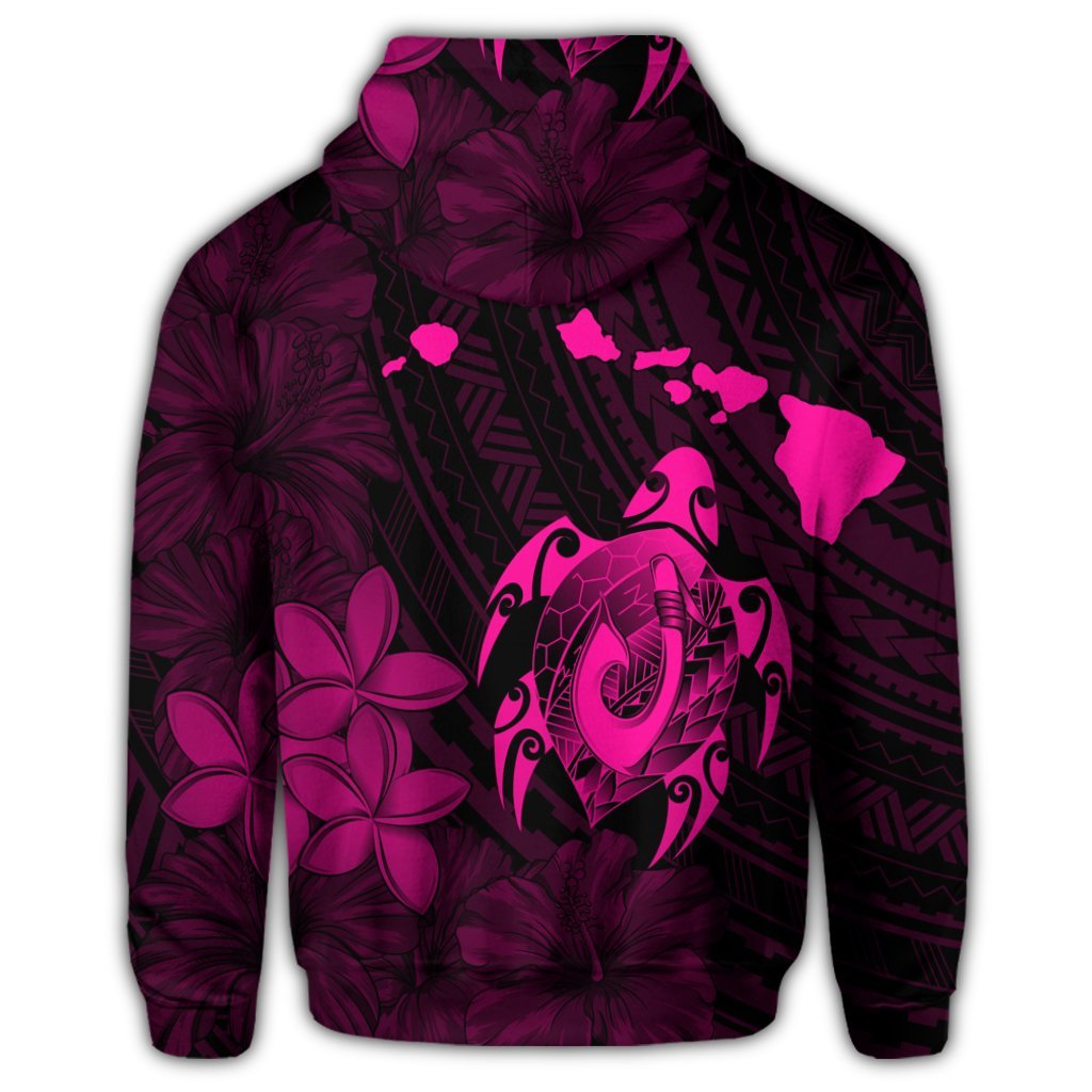 Hawaiian Map Turtle Plumeria Hibiscus Fish Hook Polynesian Zip Hoodie Pink - Polynesian Pride