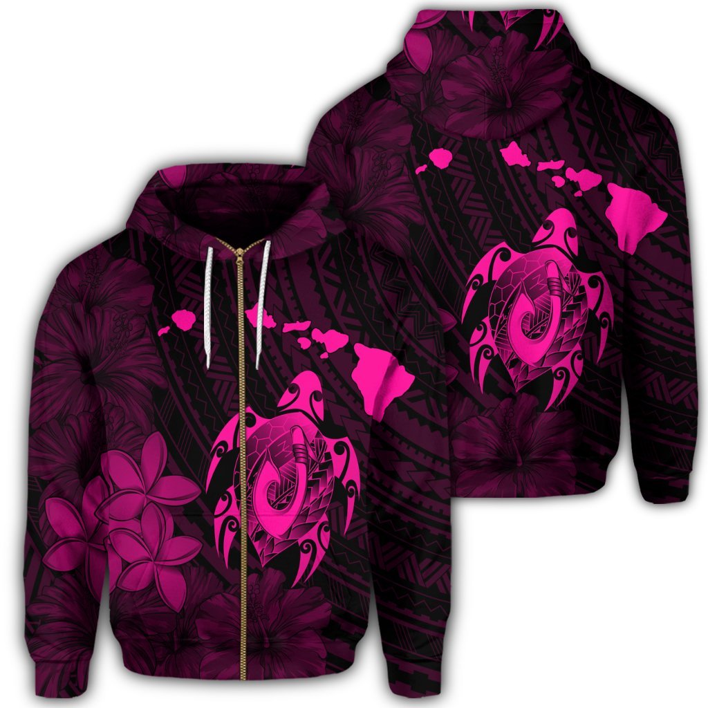 Hawaiian Map Turtle Plumeria Hibiscus Fish Hook Polynesian Zip Hoodie Pink Unisex Art - Polynesian Pride