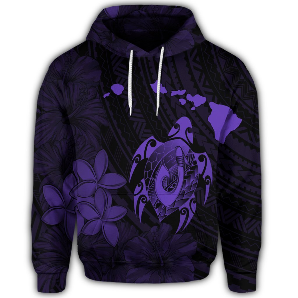Hawaiian Map Turtle Plumeria Hibiscus Fish Hook Polynesian Hoodie Purple - Polynesian Pride