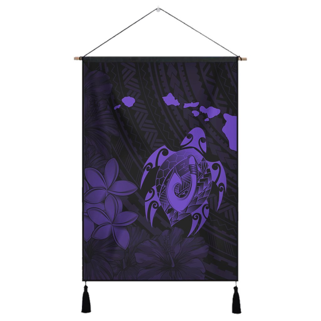 Hawaiian Map Turtle Plumeria Hibiscus Fish Hook Polynesian Hanging Poster Purple - AH Hanging Poster Cotton And Linen - Polynesian Pride