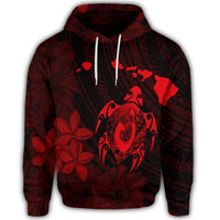 Hawaiian Map Turtle Plumeria Hibiscus Fish Hook Polynesian Hoodie Red - Polynesian Pride