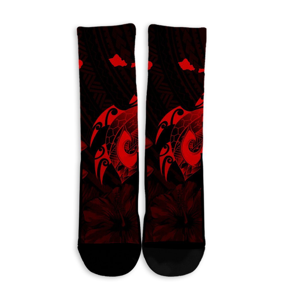 Hawaiian Map Turtle Plumeria Hibiscus Fish Hook Polynesian Crew Socks Red - AH - Polynesian Pride