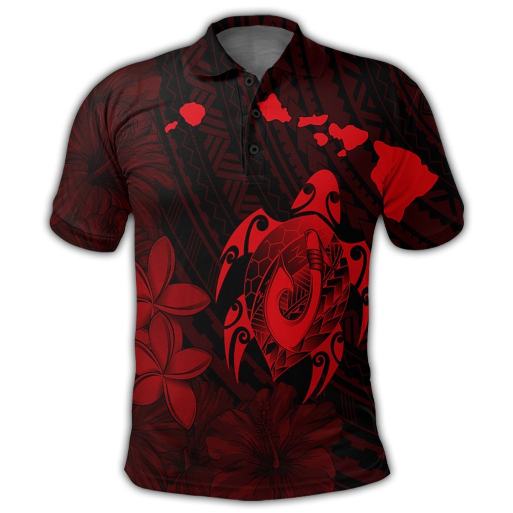 Hawaiian Map Turtle Plumeria Hibiscus Fish Hook Polynesian Polo Shirt Red - Polynesian Pride