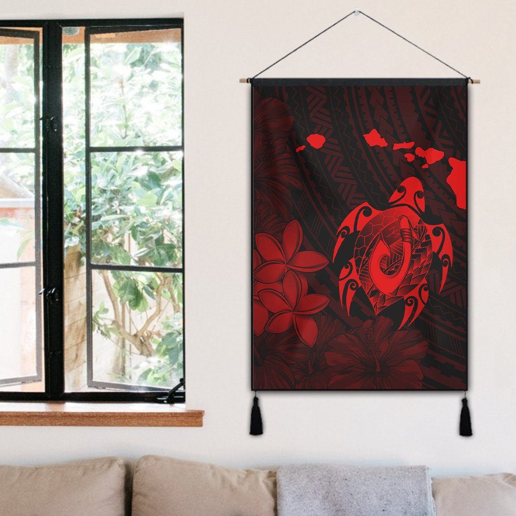 Hawaiian Map Turtle Plumeria Hibiscus Fish Hook Polynesian Hanging Poster Red - AH - Polynesian Pride