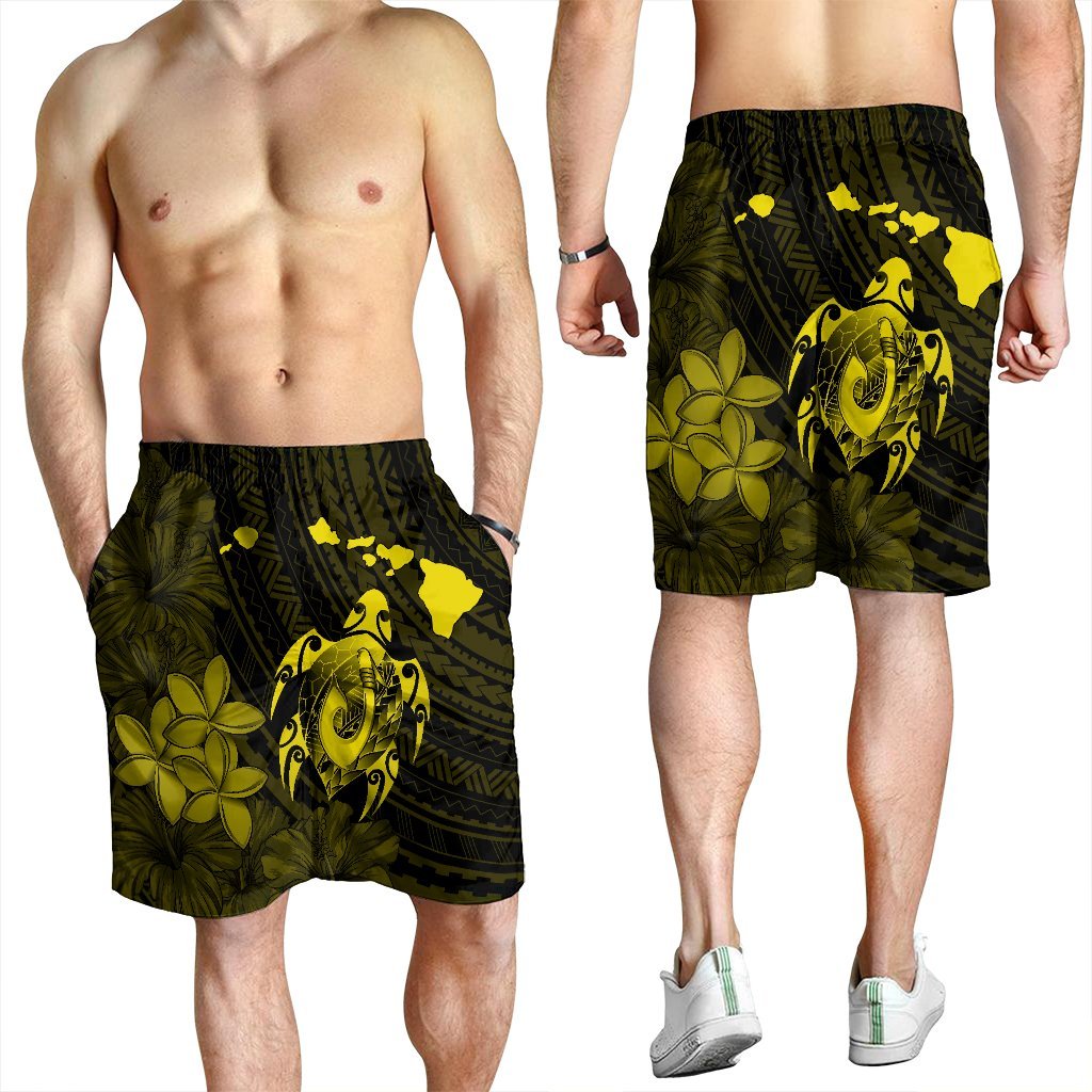 Hawaiian Map Turtle Plumeria Hibiscus Fish Hook Polynesian Men's Shorts Yellow - AH - Polynesian Pride