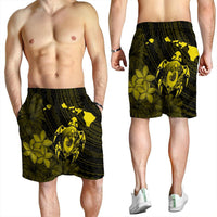 Hawaiian Map Turtle Plumeria Hibiscus Fish Hook Polynesian Men's Shorts Yellow - AH - Polynesian Pride