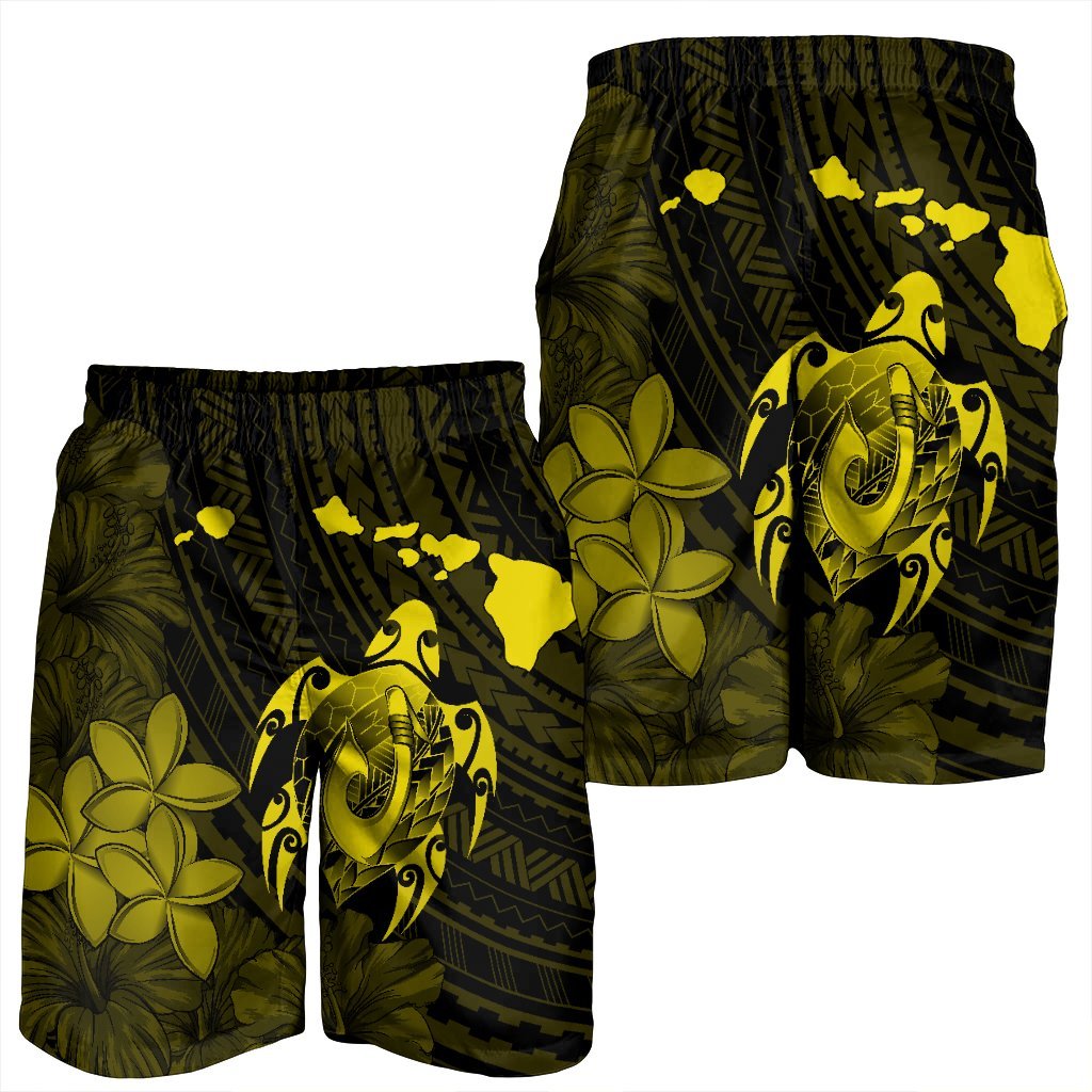 Hawaiian Map Turtle Plumeria Hibiscus Fish Hook Polynesian Men's Shorts Yellow - AH - Polynesian Pride