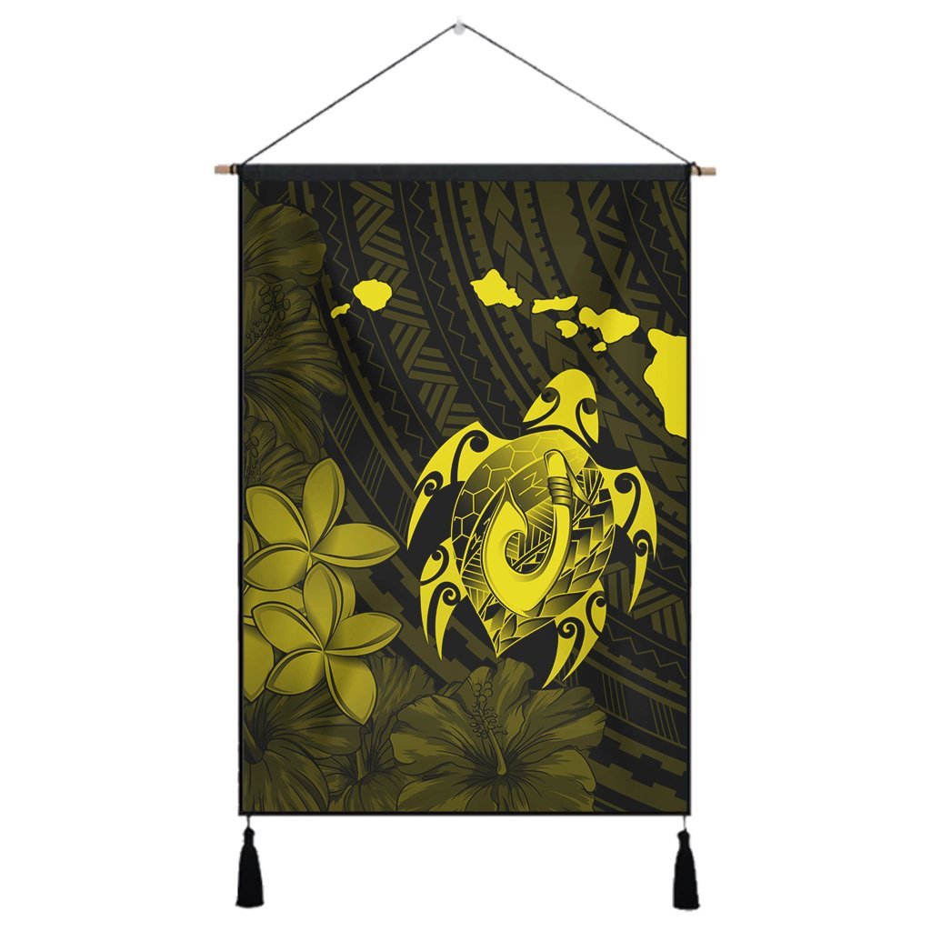 Hawaiian Map Turtle Plumeria Hibiscus Fish Hook Polynesian Hanging Poster Yellow - AH Hanging Poster Cotton And Linen - Polynesian Pride