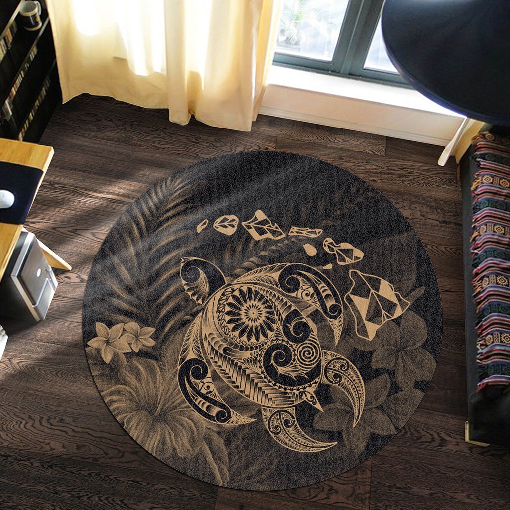 Hawaiian Map Turtle Tattoo Hibiscus Plumeria Polynesian Round Carpet - Gold - AH - Polynesian Pride