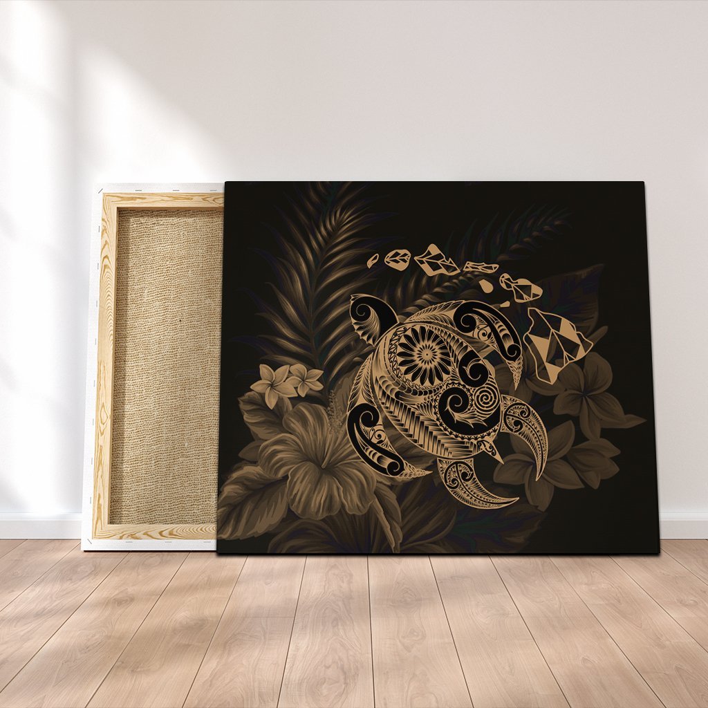 Hawaiian Map Turtle Tattoo Hibiscus Plumeria Polynesian Canvas - Gold - AH Canvas Poly-cotton - Polynesian Pride