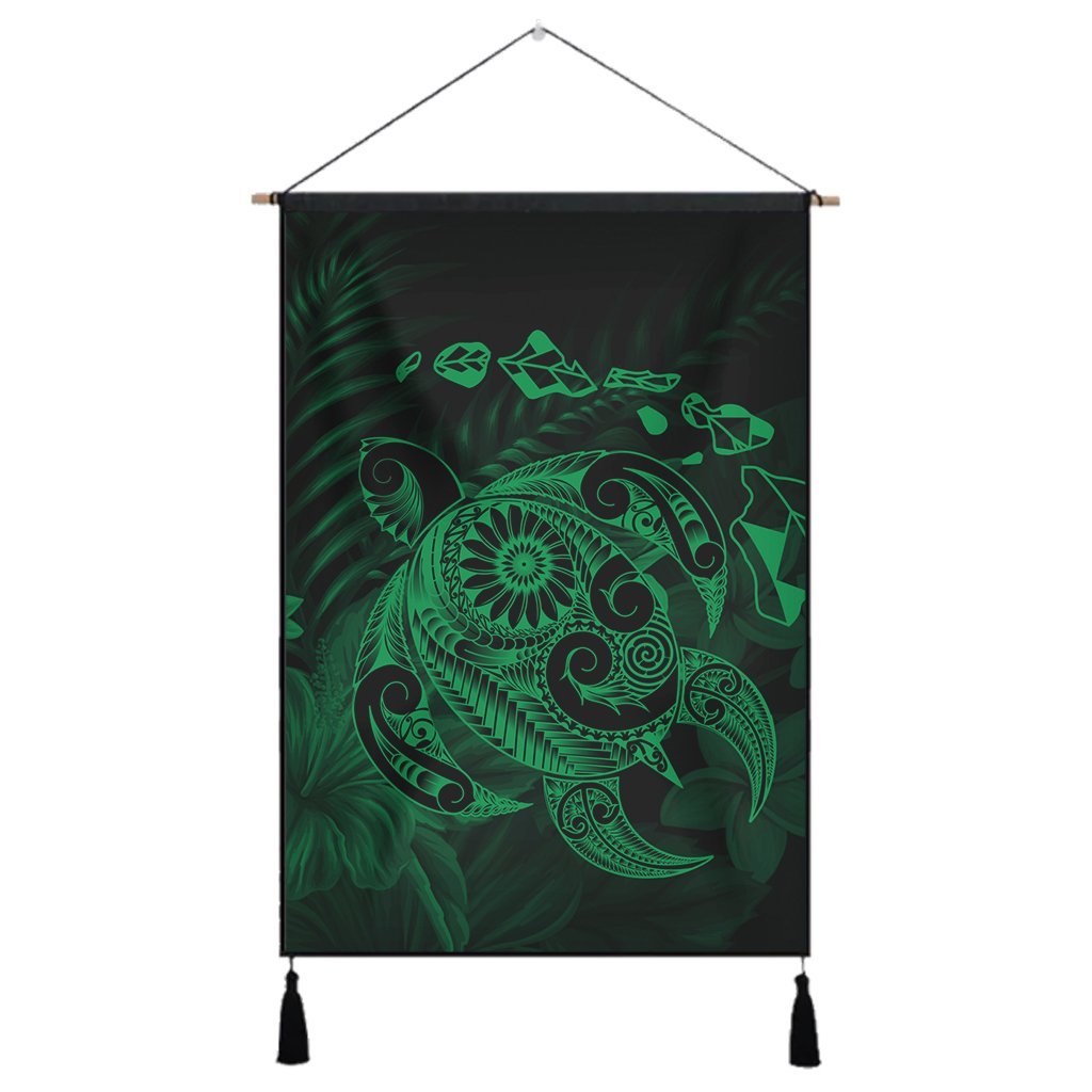 Hawaiian Map Turtle Tattoo Hibiscus Plumeria Polynesian Hanging Poster - Green - AH Hanging Poster Cotton And Linen - Polynesian Pride