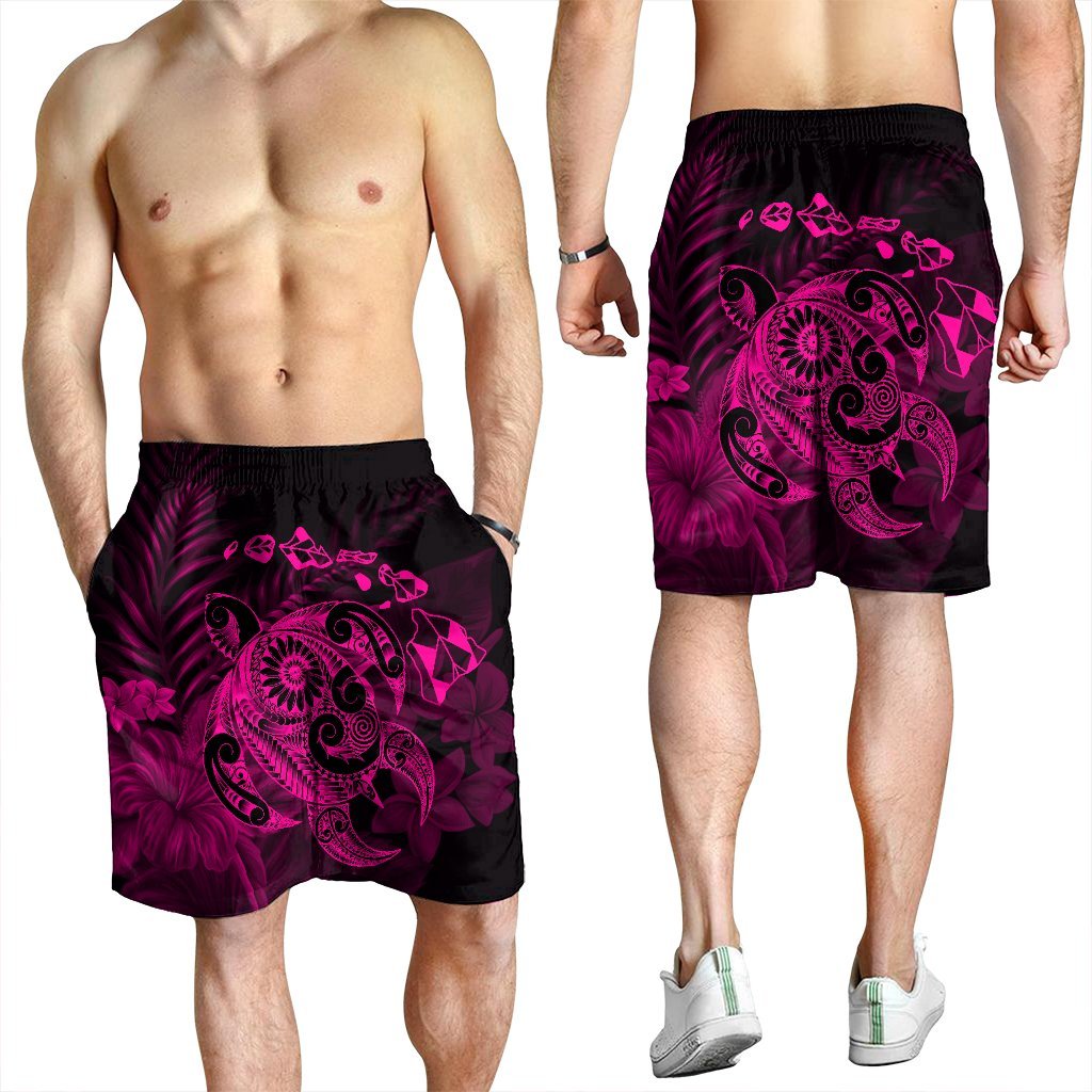 Hawaiian Map Turtle Tattoo Hibiscus Plumeria Polynesian Men's Shorts - Pink - AH - Polynesian Pride
