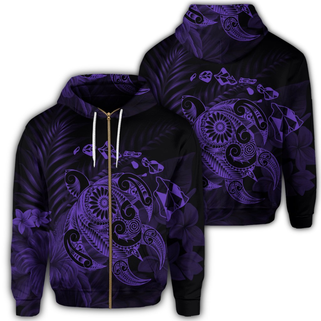 Hawaiian Map Turtle Tattoo Hibiscus Plumeria Polynesian Zip Hoodie Purple Unisex Art - Polynesian Pride