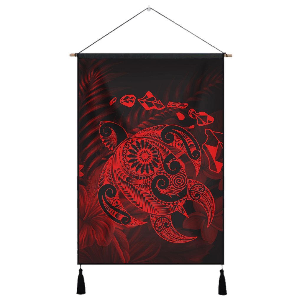 Hawaiian Map Turtle Tattoo Hibiscus Plumeria Polynesian Hanging Poster - Red - AH Hanging Poster Cotton And Linen - Polynesian Pride