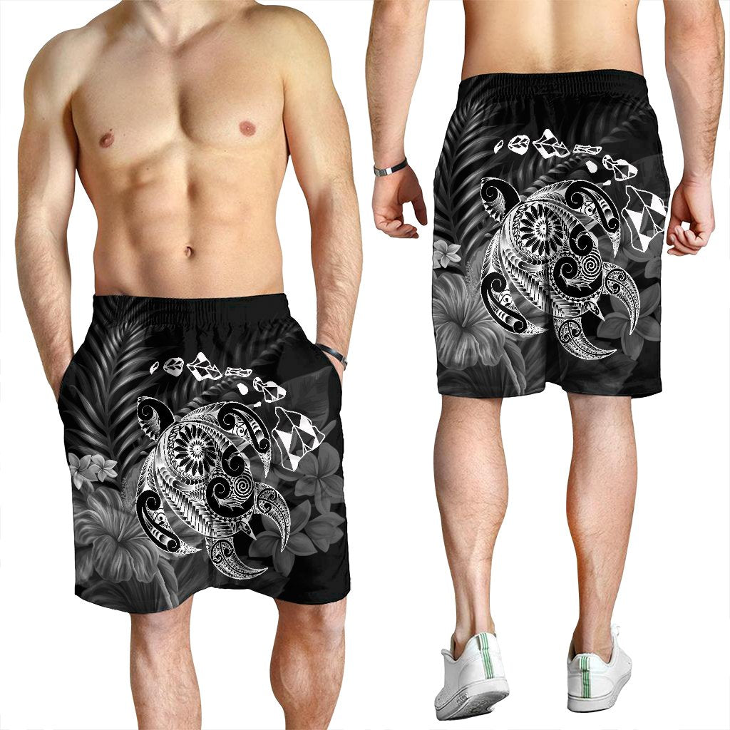 Hawaiian Map Turtle Tattoo Hibiscus Plumeria Polynesian Men's Shorts - White - AH - Polynesian Pride